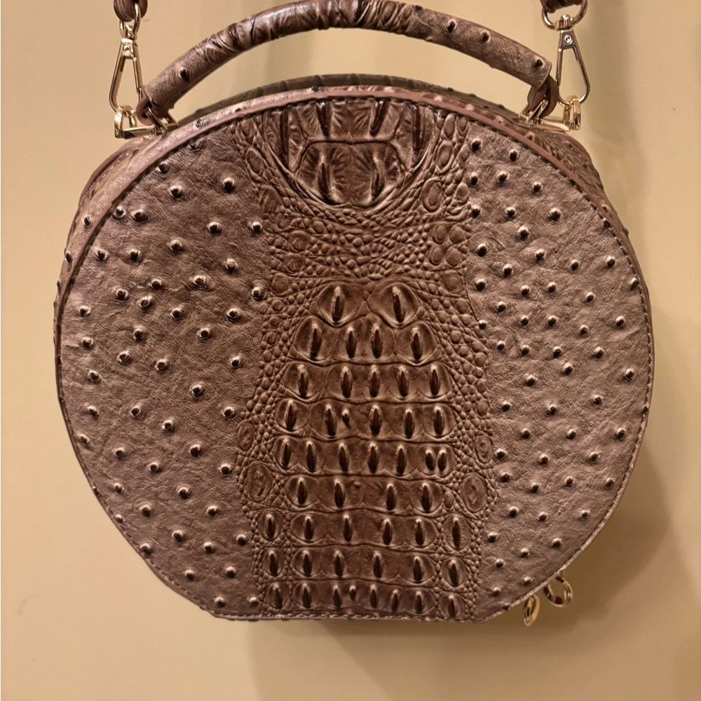 Round Croc-Embossed Crossbody Bag | Brown Ostrich Texture | Top Handle & Strap